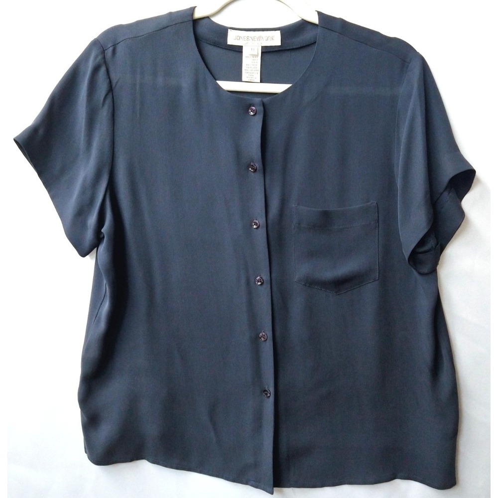 VTG 100% Silk Blouse Navy Blue Y2K Preppy Retro Nautical Chic Jones New York 14